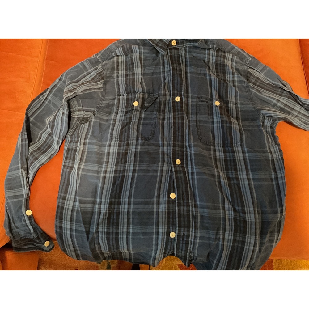 Polo Ralph Lauren Mens Large Blue Plaid Silk Linen Button Down Shirt Pockets - Picture 2 of 6